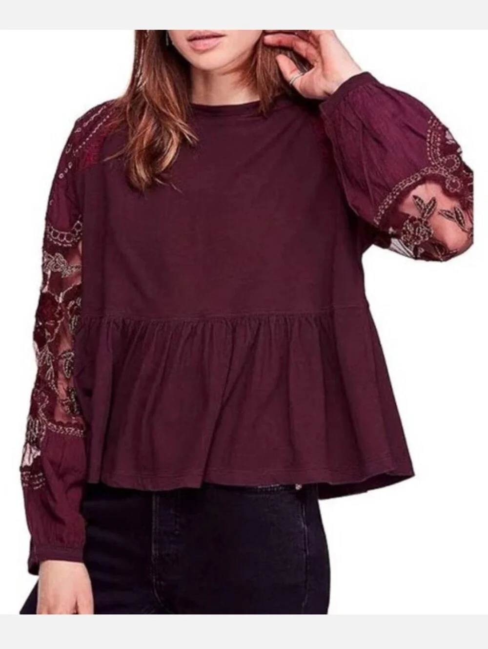 Free People Embellished Lace Detail Long Puff Sleeve Blouse Size Large